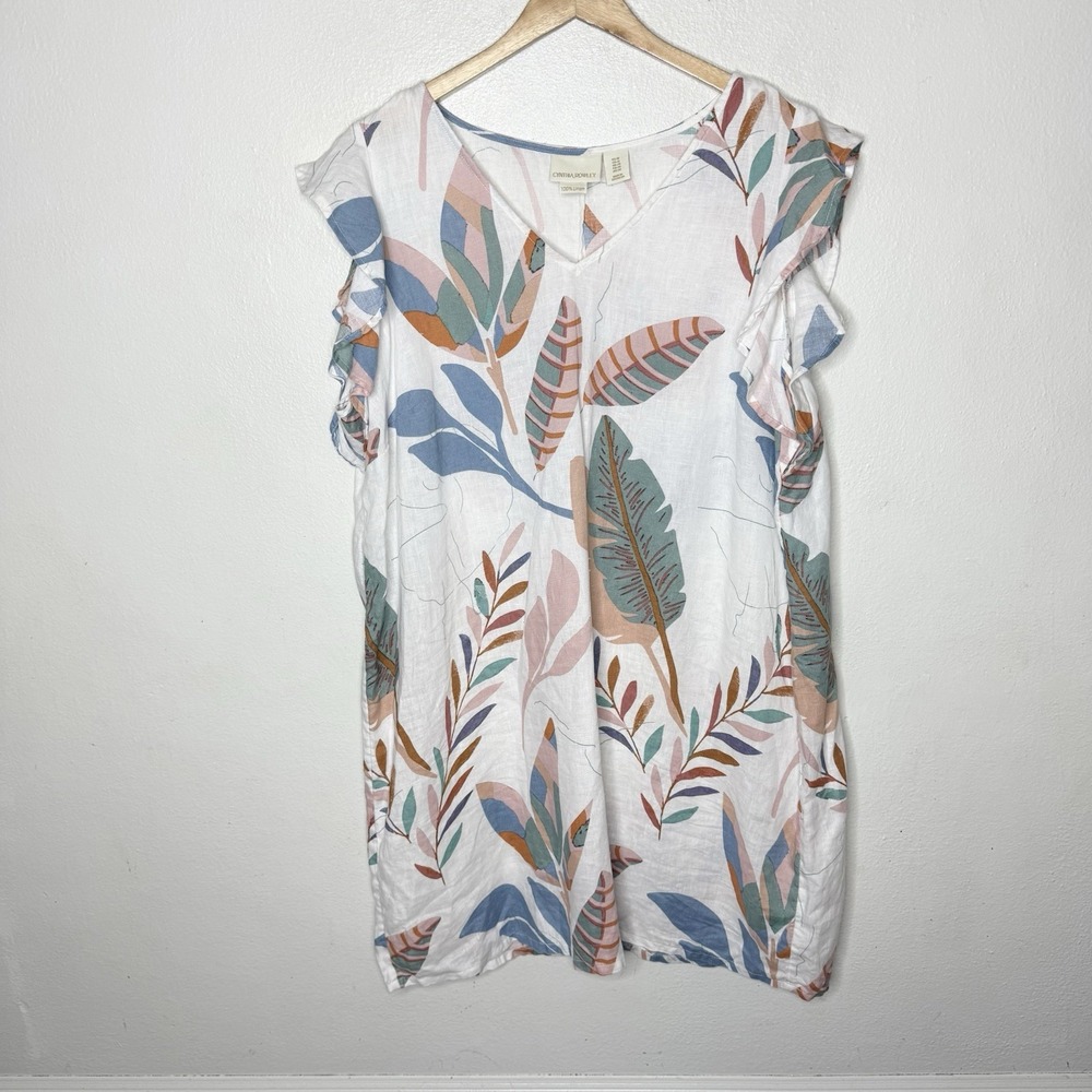 Cynthia Rowley Floral Linen Dress Women's 1X Ruffle Cap Sleeves Shift Beach